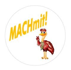 Emu, das Elztalmuseummaskottchen, vor weißem Hintergrund. Darüber steht "Machmit!"