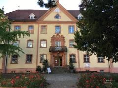 Das Gebäude des Museums mit Rosen und grünen Bäumen.