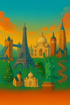 Zahlreiche bekannte Gebäude vor einem bunten Hintergrund.